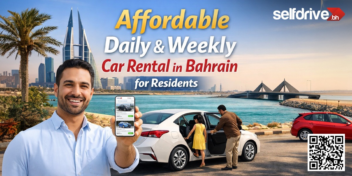 Smiling man holding a phone app with cars, standing by a white car. Palm trees, a bridge, and skyline are in the background. Text promotes car rental in Bahrain.